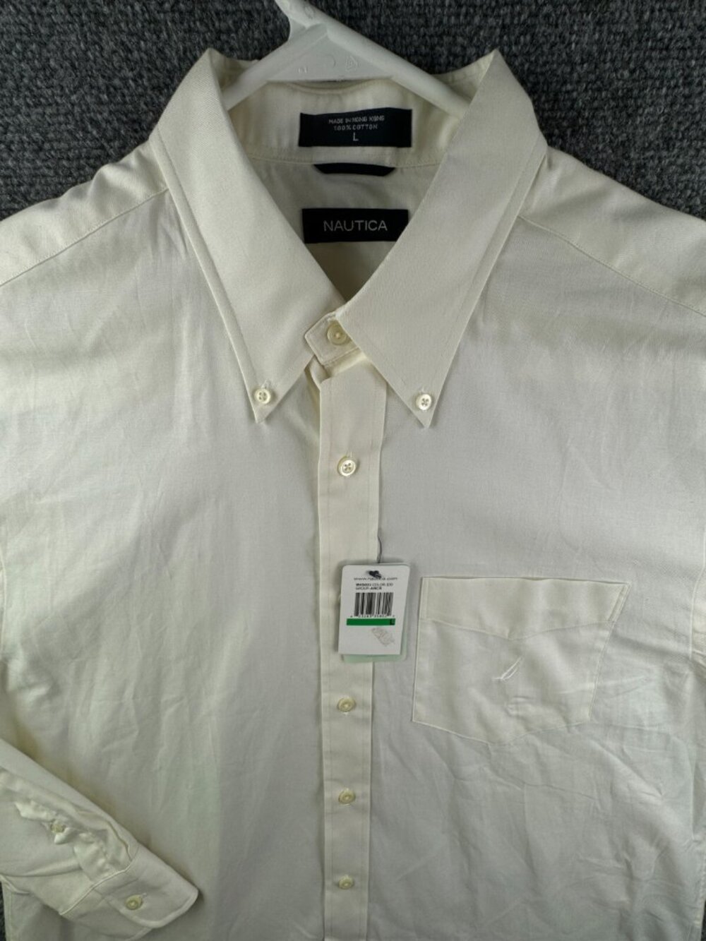 NWT Nautica Men Long Sleeve Button Up Shirt Large Cotton Stain Resistant Ivory